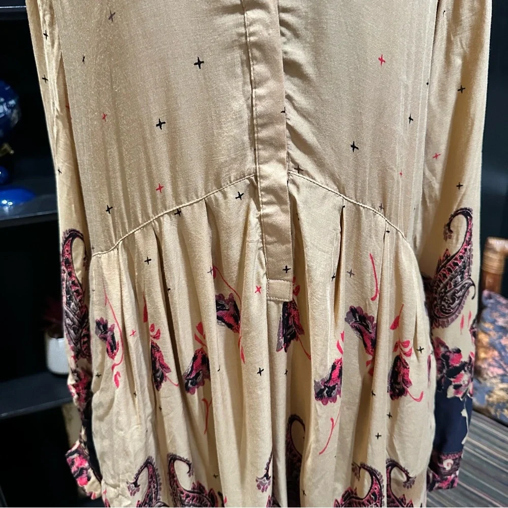 Free People Sierra Valley Shirt Dress – Gold Combo, Paisley Floral, Size Medium